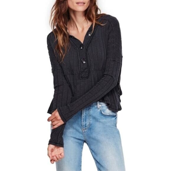 Free People In The Mix Henley Ribbed Long Sleeve Shirt Size Large - Picture 1 of 9